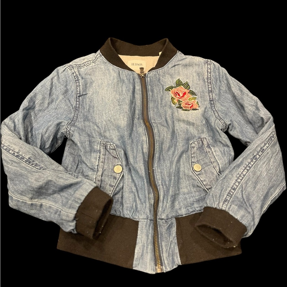 HUDSON Denim Bomber Jacket Embroidered Rose Girls Size Small